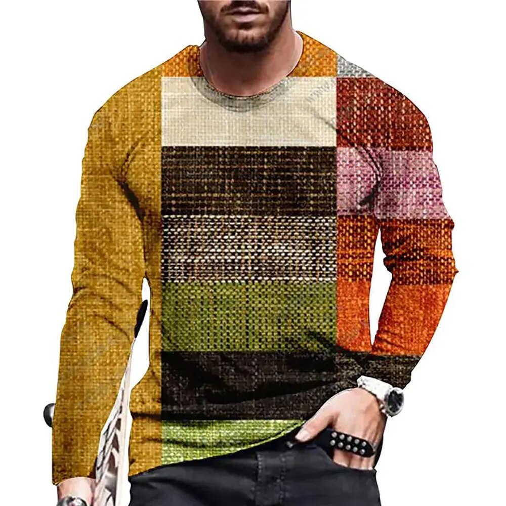 Vintage Patchwork Colour 3d Print Summer Men's O-Neck T-shirt Casual Long Sleeve Oversized T Shirt Fashion Pullover Men Clothing