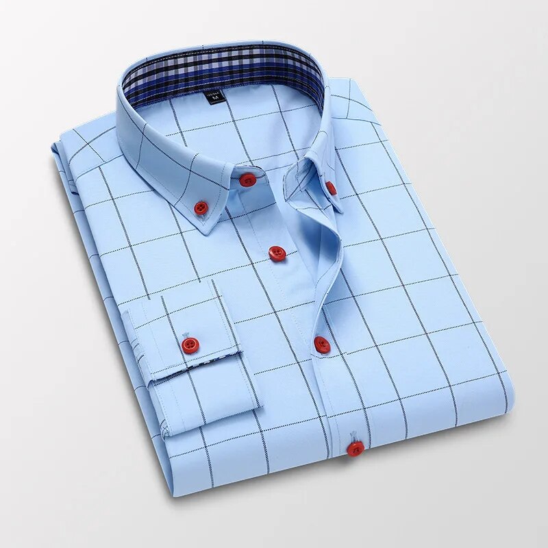 Men's Plaid Long Sleeve Dress Shirt Button Down Collar Male Business Formal Checkered Shirts Smart Casual Social Shirts