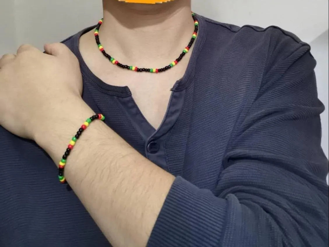10Set Red Yellow Green Black Glass Seed Beads Necklace and Bracelet Jewelry Rasta Reggae Punk Hiphop  Elastic Stretch Fashion