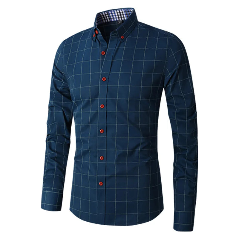 Men's Plaid Long Sleeve Dress Shirt Button Down Collar Male Business Formal Checkered Shirts Smart Casual Social Shirts