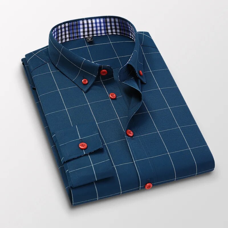 Men's Plaid Long Sleeve Dress Shirt Button Down Collar Male Business Formal Checkered Shirts Smart Casual Social Shirts