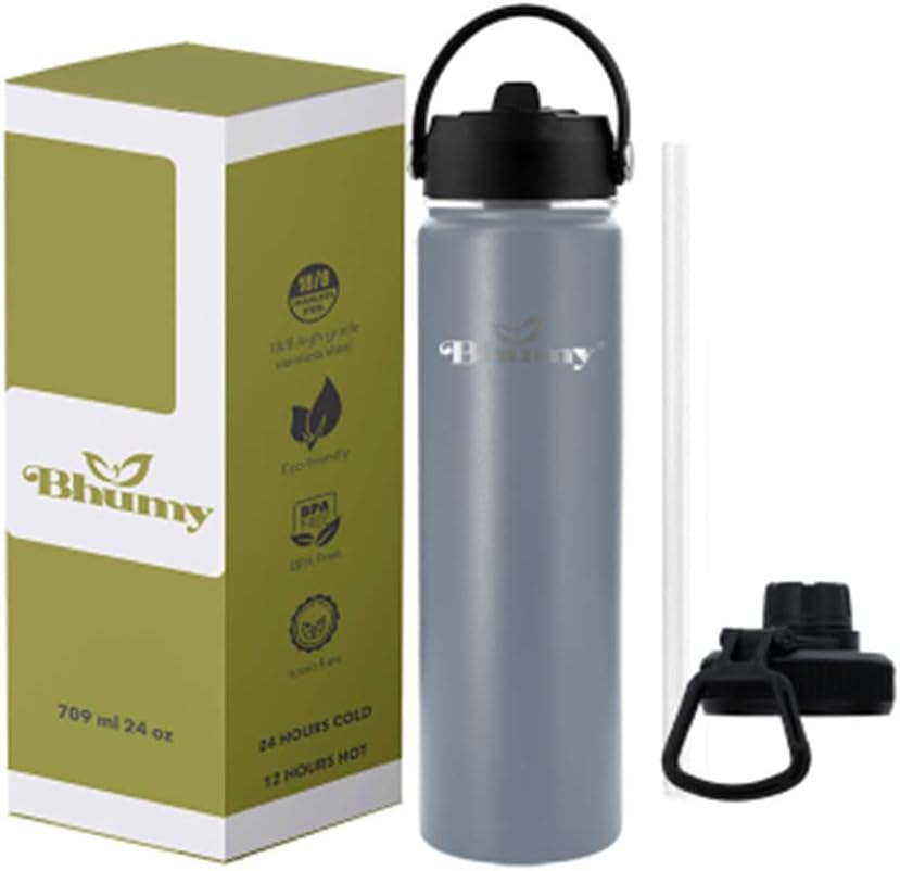 Bhumy Stainless Steel Water Bottles β 22oz Double Wall Stainless Steel Insulated Water Bottle β Water Bottle with Straw and 2 Lids β Leakproof Sports Water Bottle Water for Gym, Office, Travel