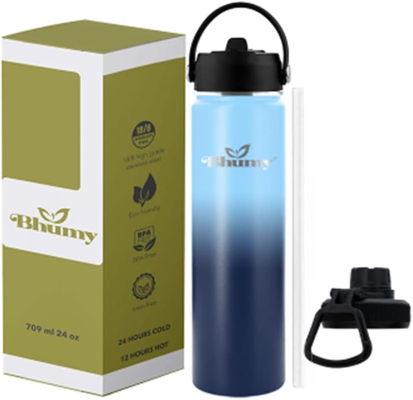 Bhumy Stainless Steel Water Bottles β 22oz Double Wall Stainless Steel Insulated Water Bottle β Water Bottle with Straw and 2 Lids β Leakproof Sports Water Bottle Water for Gym, Office, Travel