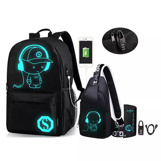 Anime Luminous Oxford School Backpack Daypack Shoulder Under 15.6 inch with USB Charging Port and Lock School Bag for Boys Girls