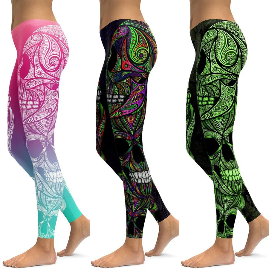 LI-FI Ornamental Skull Leggings Women Yoga Pants Gym Leggings Fitness Sports Wear Elastic Tight Yoga Leggings