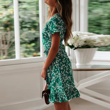 Women Dresses Summer 2022 Sexy V Neck Floral Print Boho Beach Dress Ruffle Short Sleeve A Line Mini Dress Wrap Sundress Robe