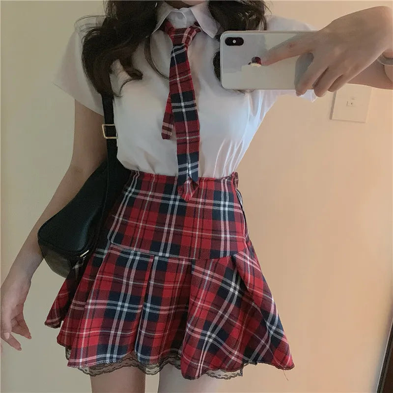 S-XXXL Women Uniform Skirt Red Plaid Plus Size High Quality Preppy style Lace Hem With Lining Elastic Waist Student Girl Bottoms