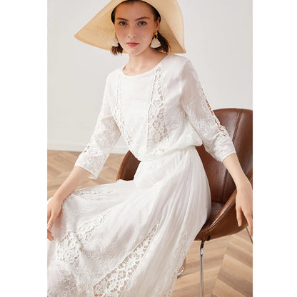 TEELYNN silk cotton lace dress white floral Embroidery party dresses 2019 vintage midi Autumn dresses brand long women dresses