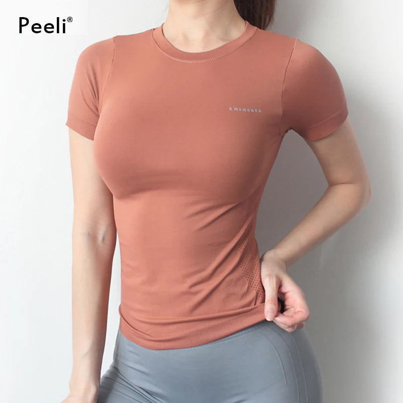 Peeli Women Yoga Top Seamless Sport T Shirts Fitness Clothes Short Sleeve Yoga Shirt Gym Top Running Active Wear Sport Top Femme