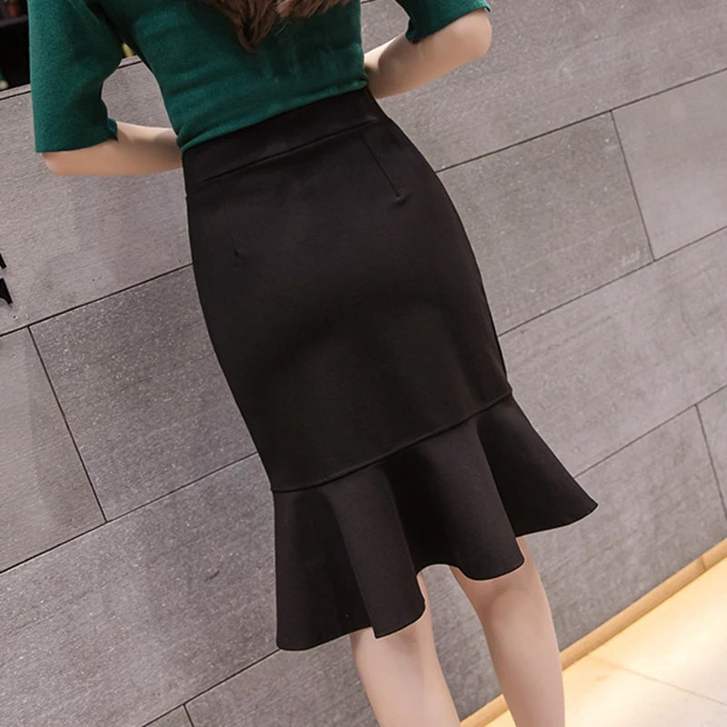 S-5XL 2023 Women Pencil Skirt Fashion OL Slim Bodycon Business Wear Ruffles Hem Mermaid Style Oversized Ladies Office Skirt
