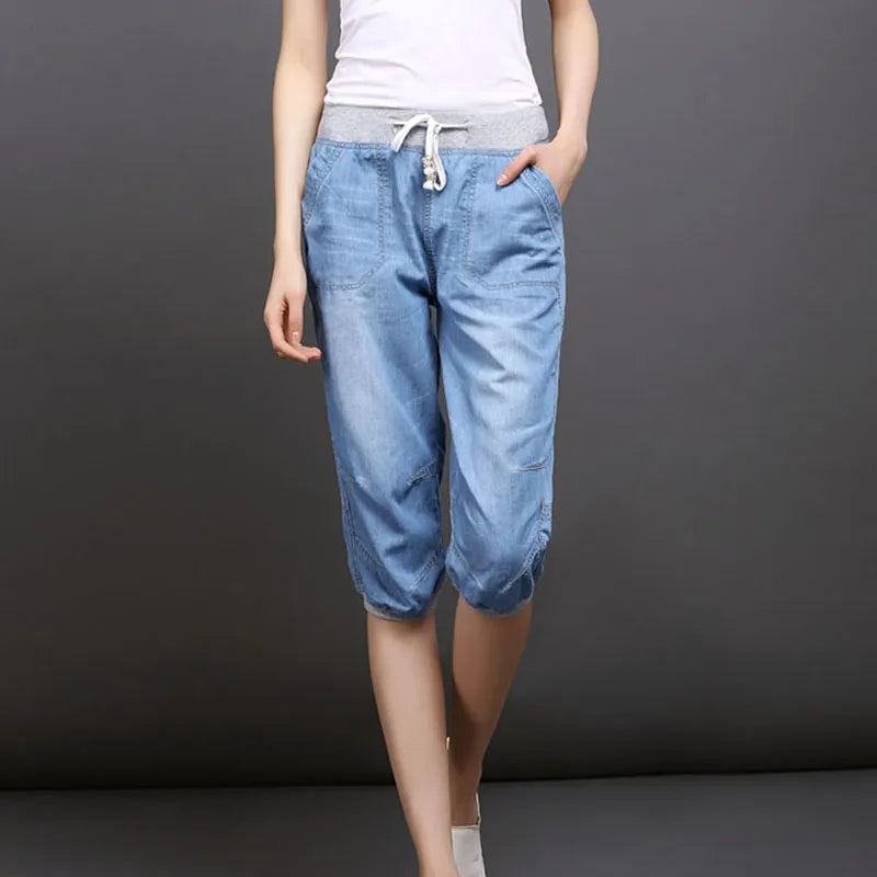 Black Denim Jeans Women's Summer Harem Pants Light Washed Loose Cotton Casual Calf-Length Blue Trousers Female Clothing 3XL 4XL
