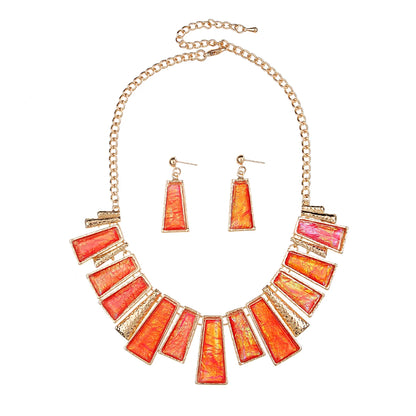 MINHIN New Fashion Jewelry Set Green Rectangle With Colorful Pattern Series Link Gentle Lady's Necklace Earrings Set