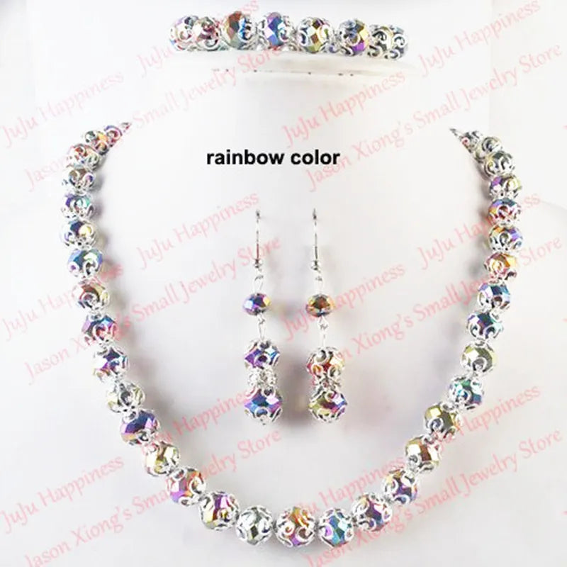 one set Handmade Rainbow Crystal Glass Beads Jewelry Set Necklace,Earring and Bracelet 246