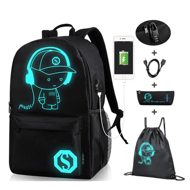 Anime Luminous Oxford School Backpack Daypack Shoulder Under 15.6 inch with USB Charging Port and Lock School Bag for Boys Girls