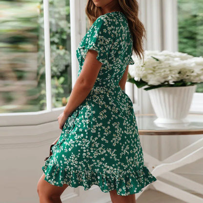 Women Dresses Summer 2022 Sexy V Neck Floral Print Boho Beach Dress Ruffle Short Sleeve A Line Mini Dress Wrap Sundress Robe