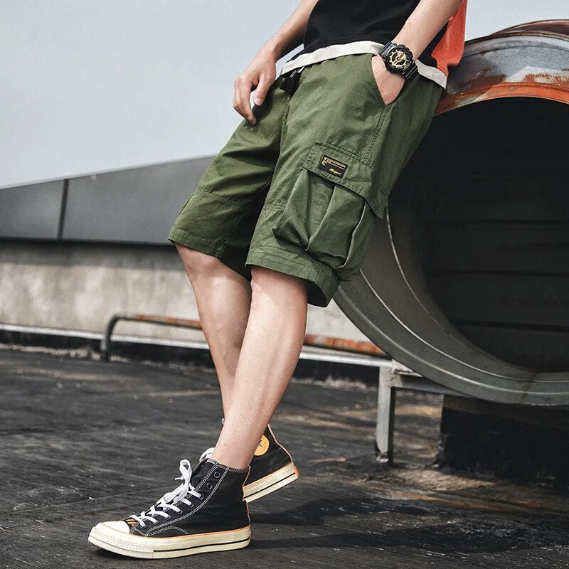 Summer Casual Cargo Shorts Men Cotton Solid Ribbons Pockets Streetwear Mens Shorts Knee Length Homme Cargo Shorts