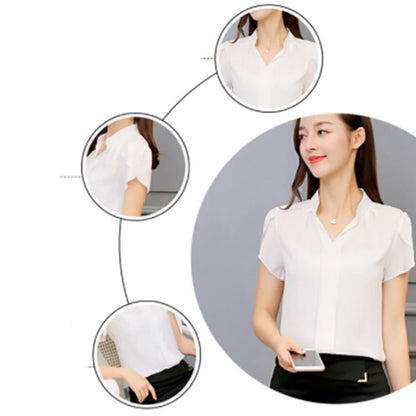 New 2023 Lace Up Bow Tie Shirt Summer Short Sleeve Solid Chiffon Casual Blouse Elegant Office Lady Blusas Woman Tops Blouse