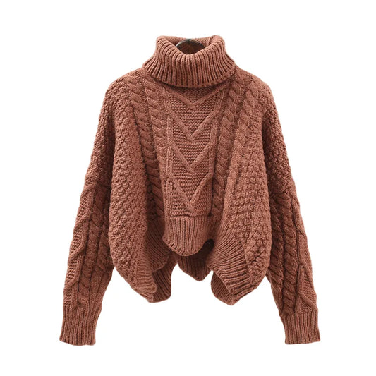 Thickened Sweater Women Autumn Winter Tops Korean Style Loose Twist Knitted Short Design Pullover Turtleneck Black Brown Female