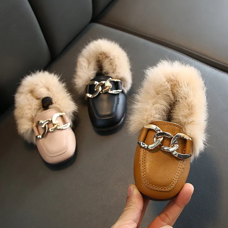 Flat Shoes Girls 2019 Fashion Winter Warm Toddler Shoes Kids Children's Rabbit plush Fur Princess Square Head Leather Shoe Girl