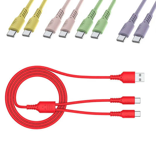 2in1 USB To Dual Type C Male Cable Silicone Mobile Phone USB C Charging Cord Type C Charger Line for Cellphones