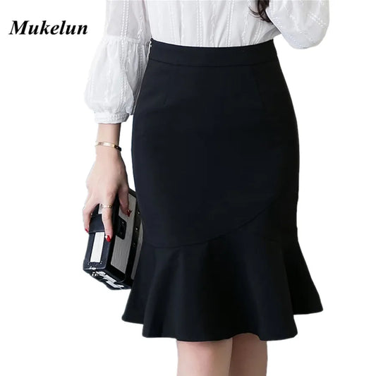 S-5XL 2023 Women Pencil Skirt Fashion OL Slim Bodycon Business Wear Ruffles Hem Mermaid Style Oversized Ladies Office Skirt