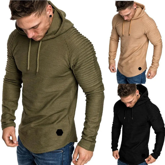 New Trendy Mens Hoodies Solid Color Hooded Slim Sweatshirt Striped pleated raglan sleeves Male Streetwear Casual sweatshirt Coat