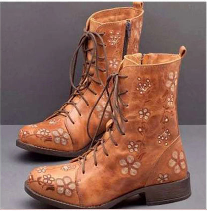 Woman Ankle Boots Embroidery Big Size 43 Flower Boots 2020 Women Autumn Winter Lace Up PU Leather Female Footwear Ladies Shoes
