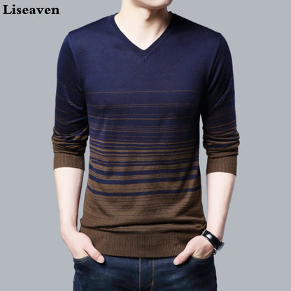 Liseaven Men Pullover Sweater V-Neck Sweaters Mens Striped Pattern Long Sleeve Cotton Tops Male Pullovers