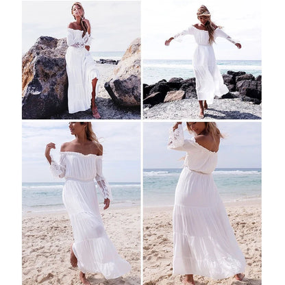 TEELYNN long  boho dress white sexy off the shoulder beach sundress Flare long sleeve splice lace women dresses summer vestidos