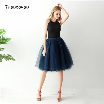 5 Layers 65cm Black Pleated Skirt Sexy Midi Tulle Skirt High Waist Full Lining Adult Tutu Korean Style Women Jupe Femme Faldas