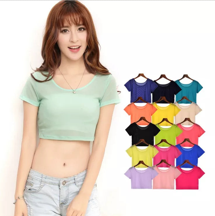 Women Semi-transparent Mesh Crop Tops Girl Short Sleeve T Shirts Large Elastic Cropped Tees For Girls