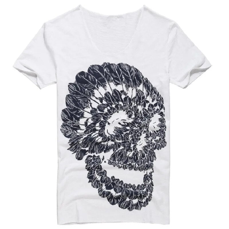 Mens Deep V Neck T Shirt Summer Green Cotton Mens Skull Print Thin Slim V Neck T-shirt Plus Size M-XXL #T99