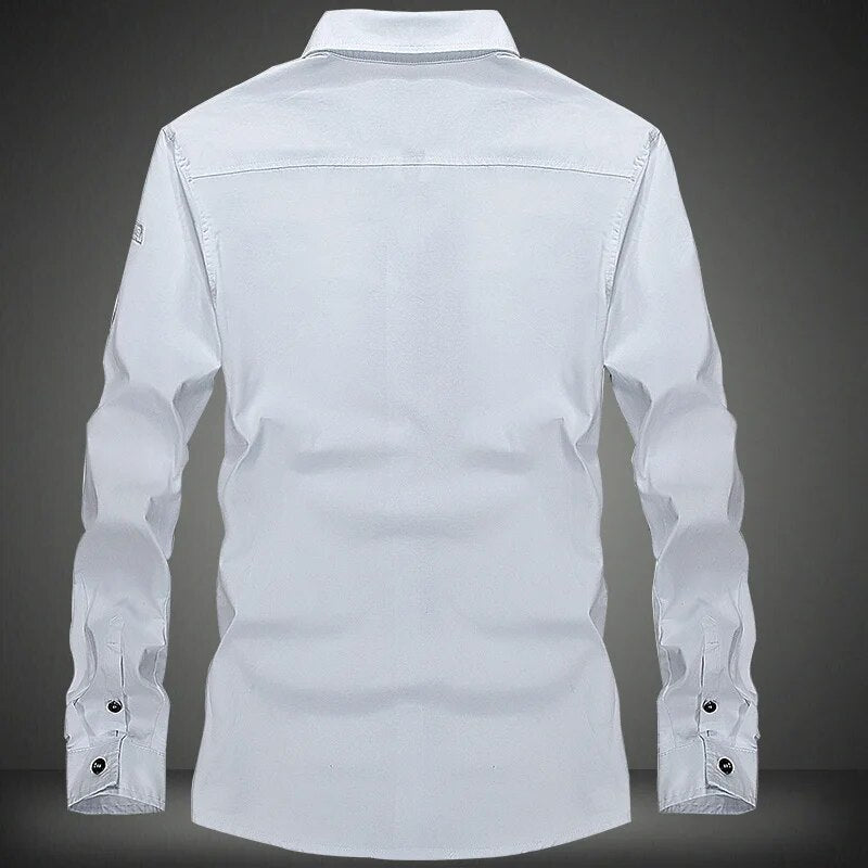 2023 New Double Pockets Men Dress Military Shirts Cotton Male Clothes Casual Slim Fit Shirts Men Camisa Masculina AYG82