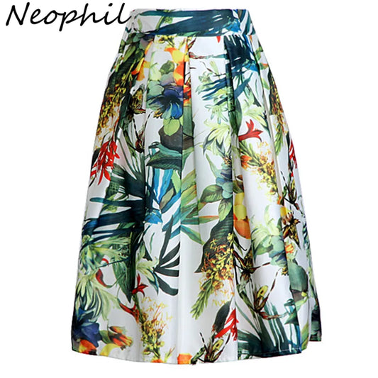 Neophil 2023 Fashion Hot Tropical Floral Print High Waist Fluffy Pleated Saias Flare Satin Tutu Midi Skater Skirts Womens S07047