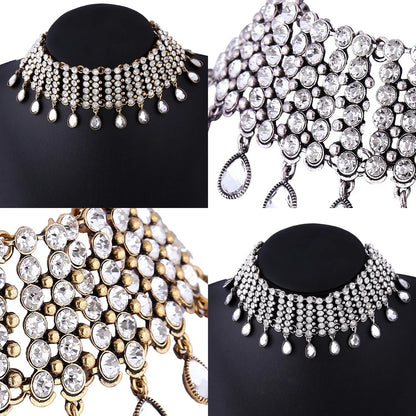 Wild Full Brilliant Crystal Rhinestone Choker Necklace Authentic Indian Bib Statement Necklaces for Women Lady Party Jewelry