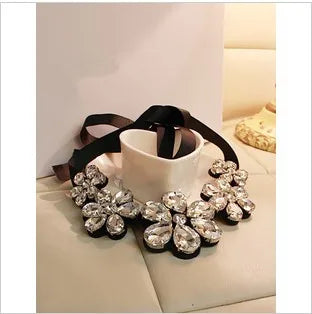 Hesiod White Clear Crystal False Collar Chokers Necklace Back Strap Rhinestone Choker Necklace Short Collar Chiffon Chain