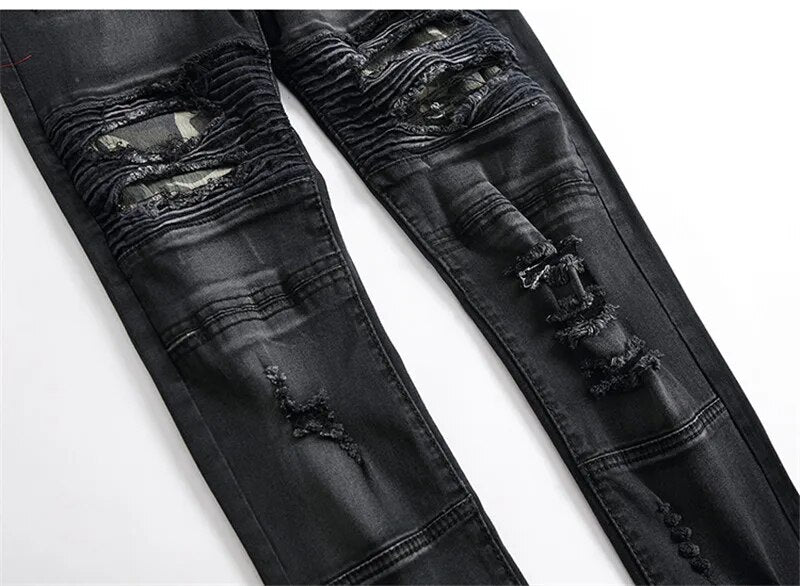 High-quality New Mens Ripped Jeans Cotton Black Slim Skinny Motorcycle Jeans Men Vintage Distressed Denim Jeans Hiphop Pants
