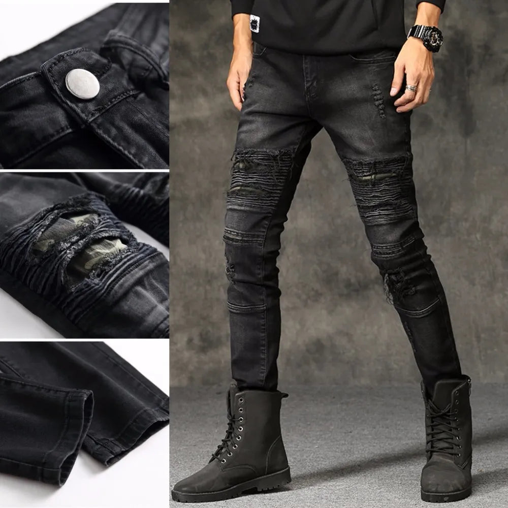 High-quality New Mens Ripped Jeans Cotton Black Slim Skinny Motorcycle Jeans Men Vintage Distressed Denim Jeans Hiphop Pants