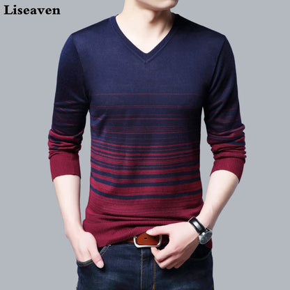 Liseaven Men Pullover Sweater V-Neck Sweaters Mens Striped Pattern Long Sleeve Cotton Tops Male Pullovers