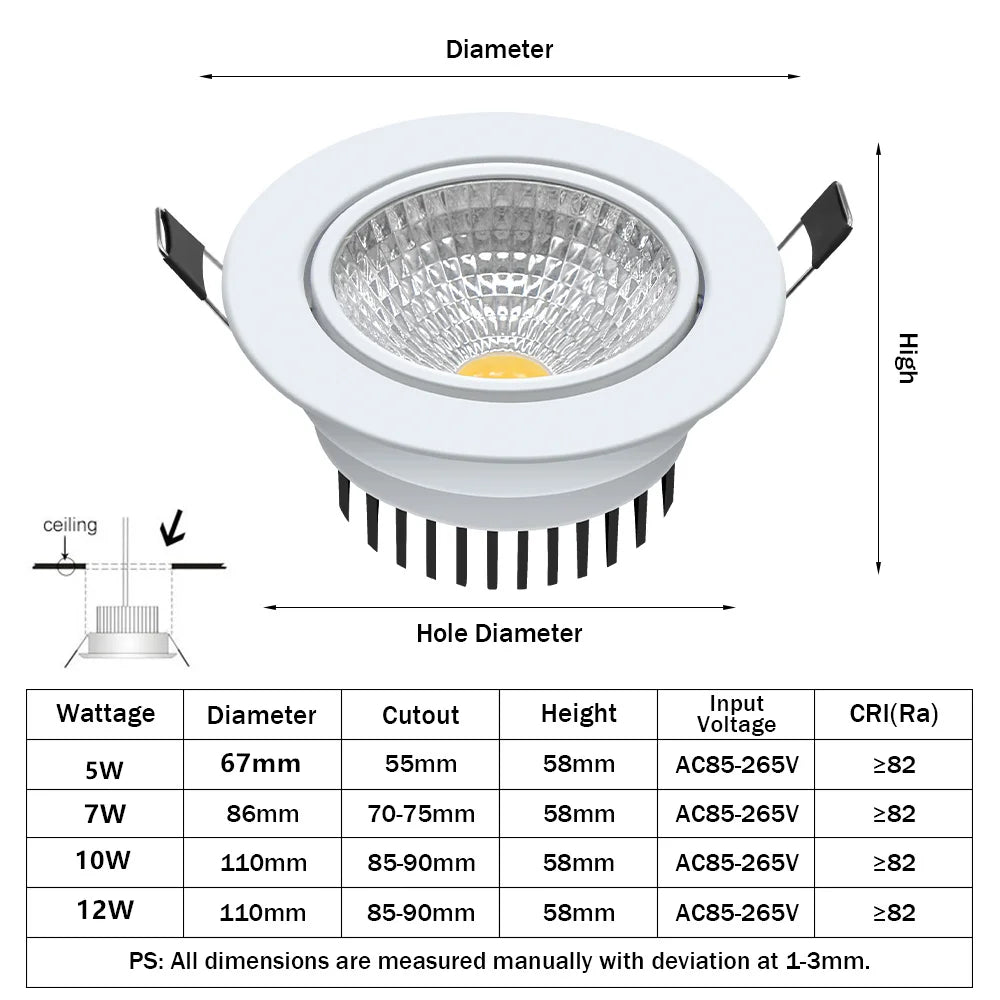 [DBF]Super Bright Recessed LED Dimmable Downlight COB 5W 7W 10W 12W 3000K LED Ceiling Spot Light LED Ceiling Lamp AC 110V 220V