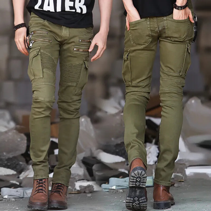 Green Black Denim Biker jeans Mens Skinny 2023 Runway Distressed slim elastic jeans homme hiphop Washed Military cargo pants