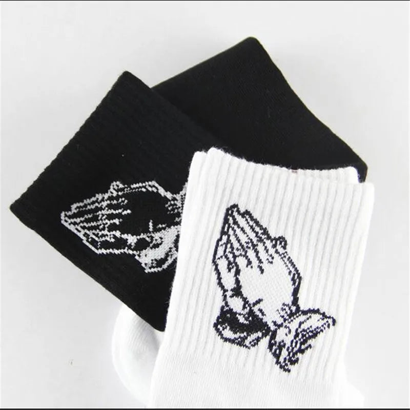 Fashion skate cotton crew socks of Virgin Mary gesture pattern for men women tide brand hip hop funny novelty  white black Funky