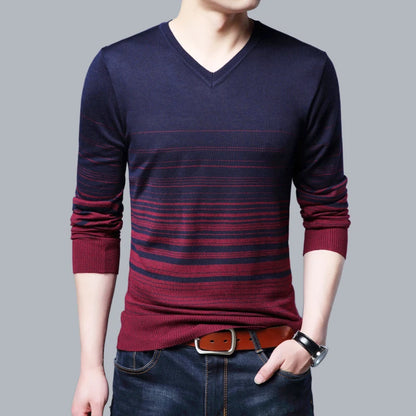 Liseaven Men Pullover Sweater V-Neck Sweaters Mens Striped Pattern Long Sleeve Cotton Tops Male Pullovers