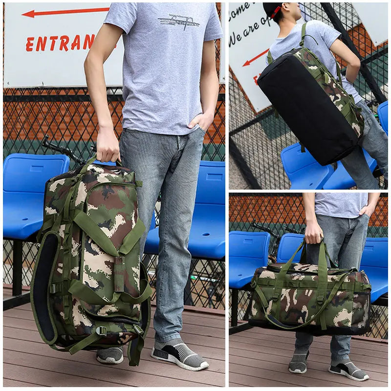 Scione 60L Multifunction Luggage Handbag Men Travel Suitcase Camouflage Duffel Back Pack Large Casual Weekend Shoulder Tote Bag