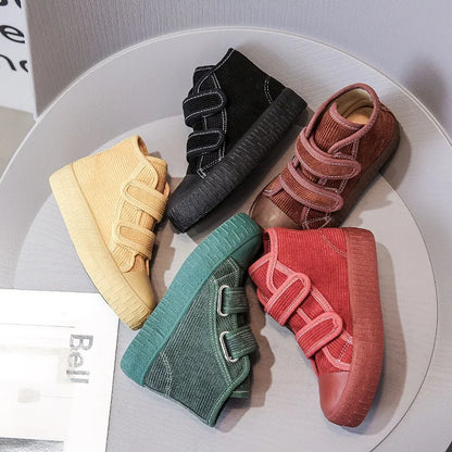 2021 Fashion Hook&Loop Soft Corduroy Kids Sneakers School Casual All-match Children Girl Shoes High Top Autumn Boys Boots E08051