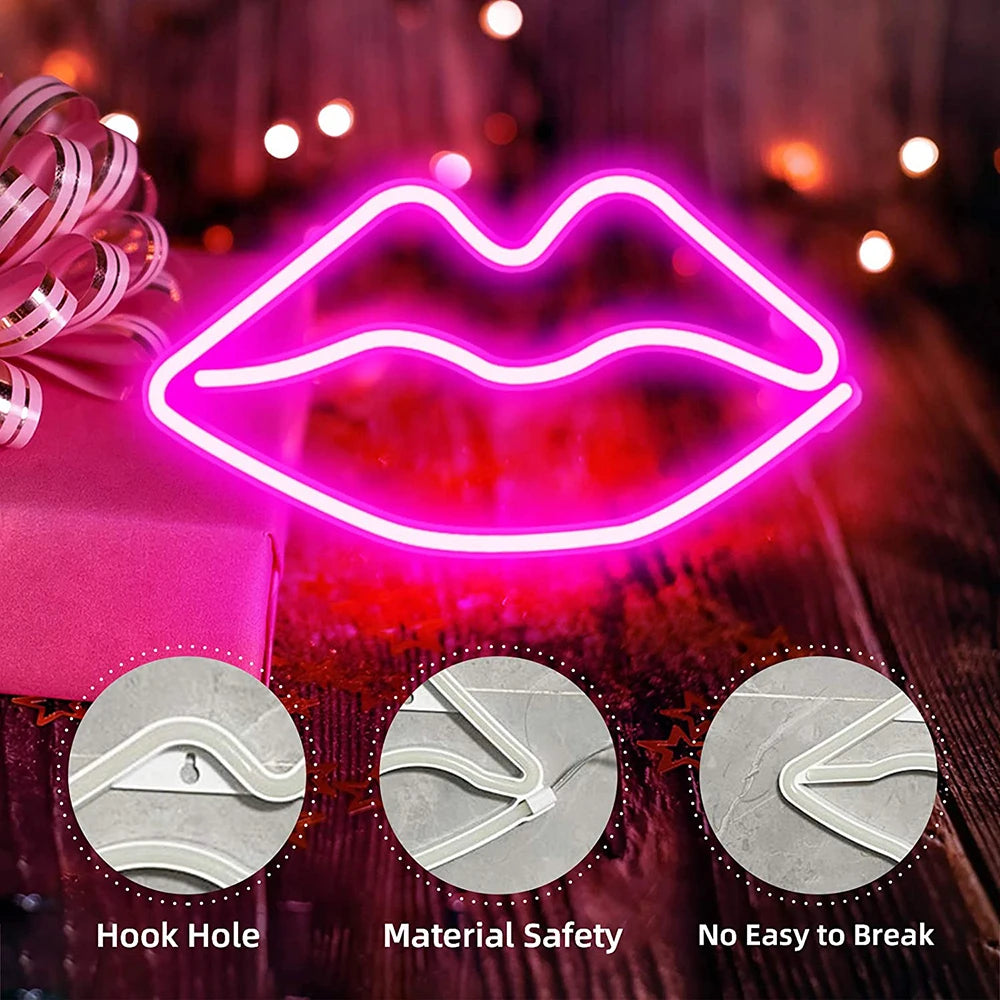 LED Neon Light Red lips Love Heart Wall Art Sign Bedroom Decor Rainbow Hanging Night Lamp Home Party Holiday Decor Xmas Gift