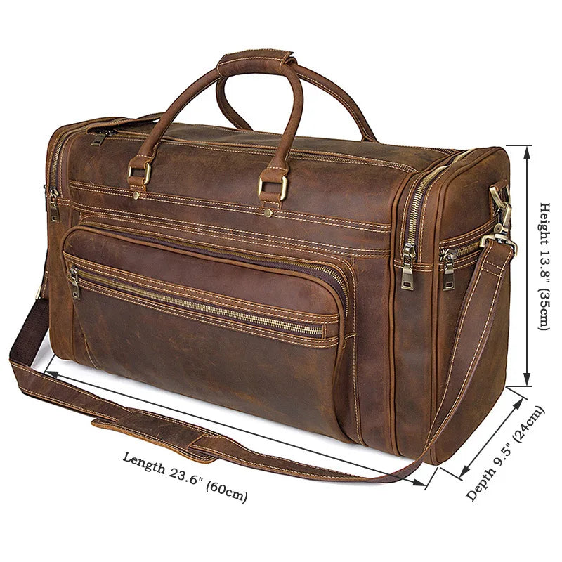 Men's Crazy Horse Leather Travel Bag Cow Leather Big Travel Duffel Durable Cowhide Weekend Bag Man Genuine Leather Luggage Bag