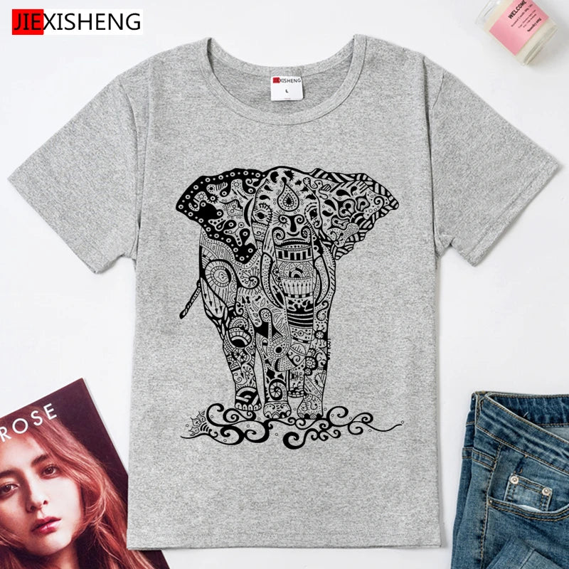 Summer 2021 Cartoons Funny T shirts Women Fashion Short Sleeve O-Neck Tee Shirt Elephant printed Top Crop HH170