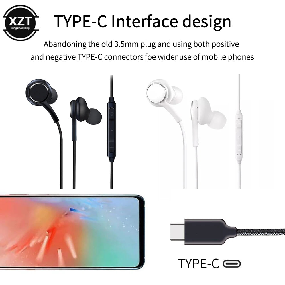 for Samsung Type C Earphone USB-C Jack Headset Earpiece Mic Volume Control In-ear Wired for Galaxy A8S Note 10 for Huawei