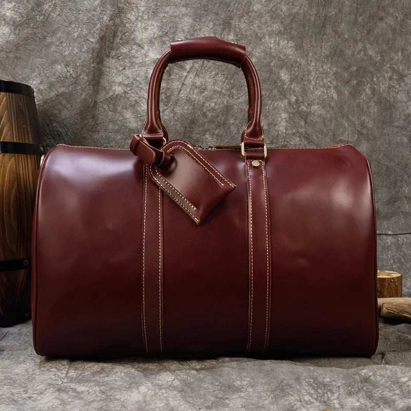 Brand Name Luxury Designer Genuine Leather Mens Travel Bag Wine Red Smooth Natural Cowskin Duffle Bag For Male 2019 Latest Style